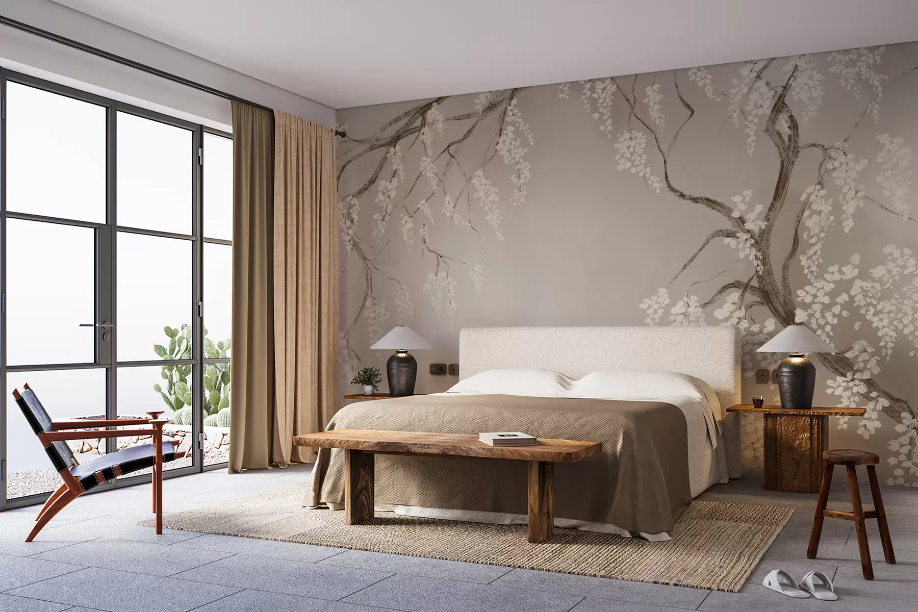 fototapet Cireș alb delicat cu flori înflorite pe ramuri pe fundal bej w08243