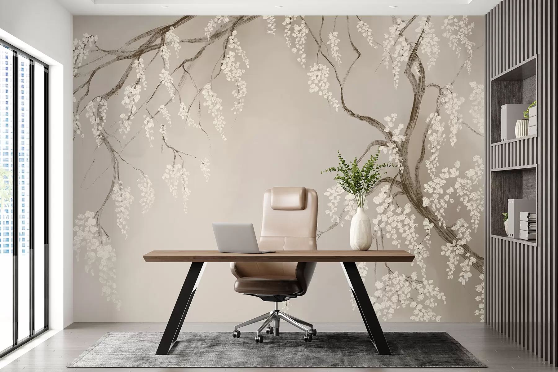 fototapet Cireș alb delicat cu flori înflorite pe ramuri pe fundal bej w08243