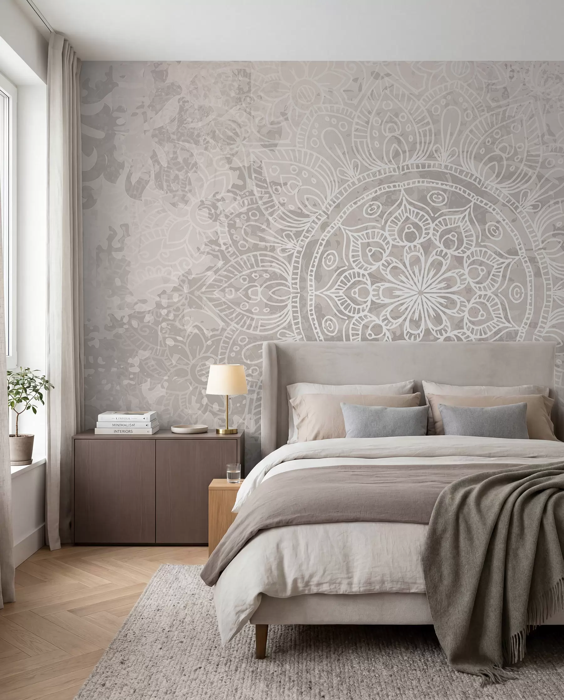 fototapet Un model de mandala alb detaliat pe un fundal vintage cu textura gri deschis w08246