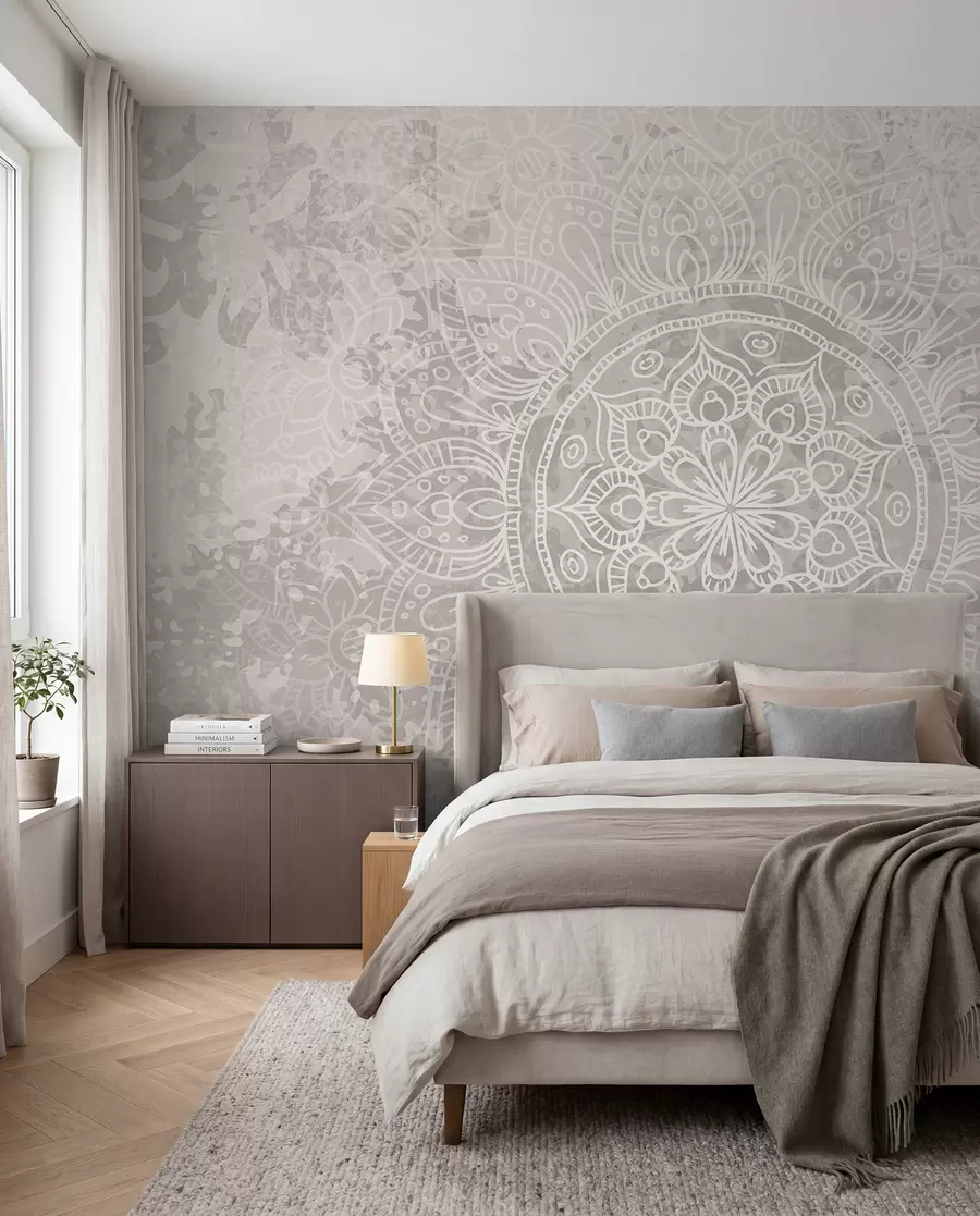 fototapet Un model de mandala alb detaliat pe un fundal vintage cu textura gri deschis w08246