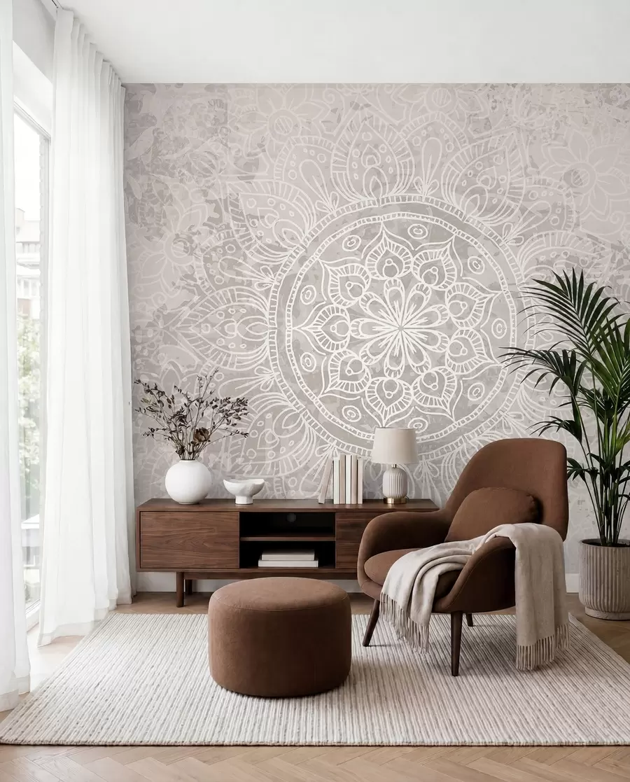 fototapet Un model de mandala alb detaliat pe un fundal vintage cu textura gri deschis w08246