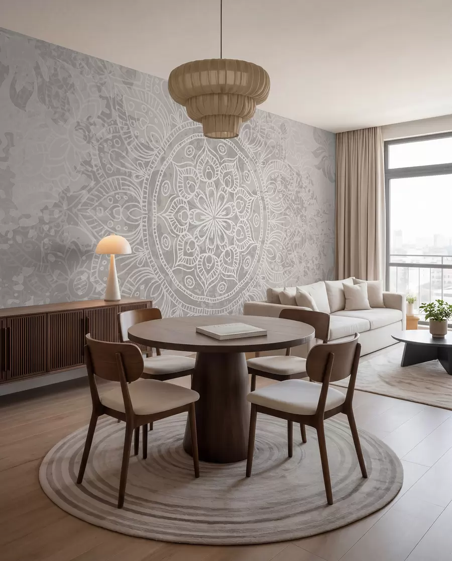 fototapet Un model de mandala alb detaliat pe un fundal vintage cu textura gri deschis w08246