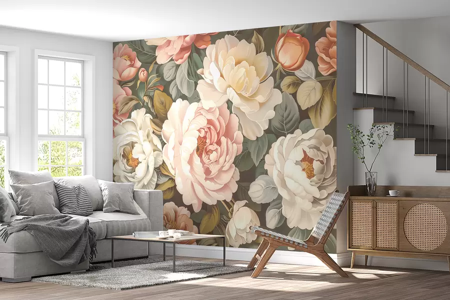 fototapet Un buchet de bujori mari luxurianți și trandafiri înfloriți în culori pastelate w01495v1