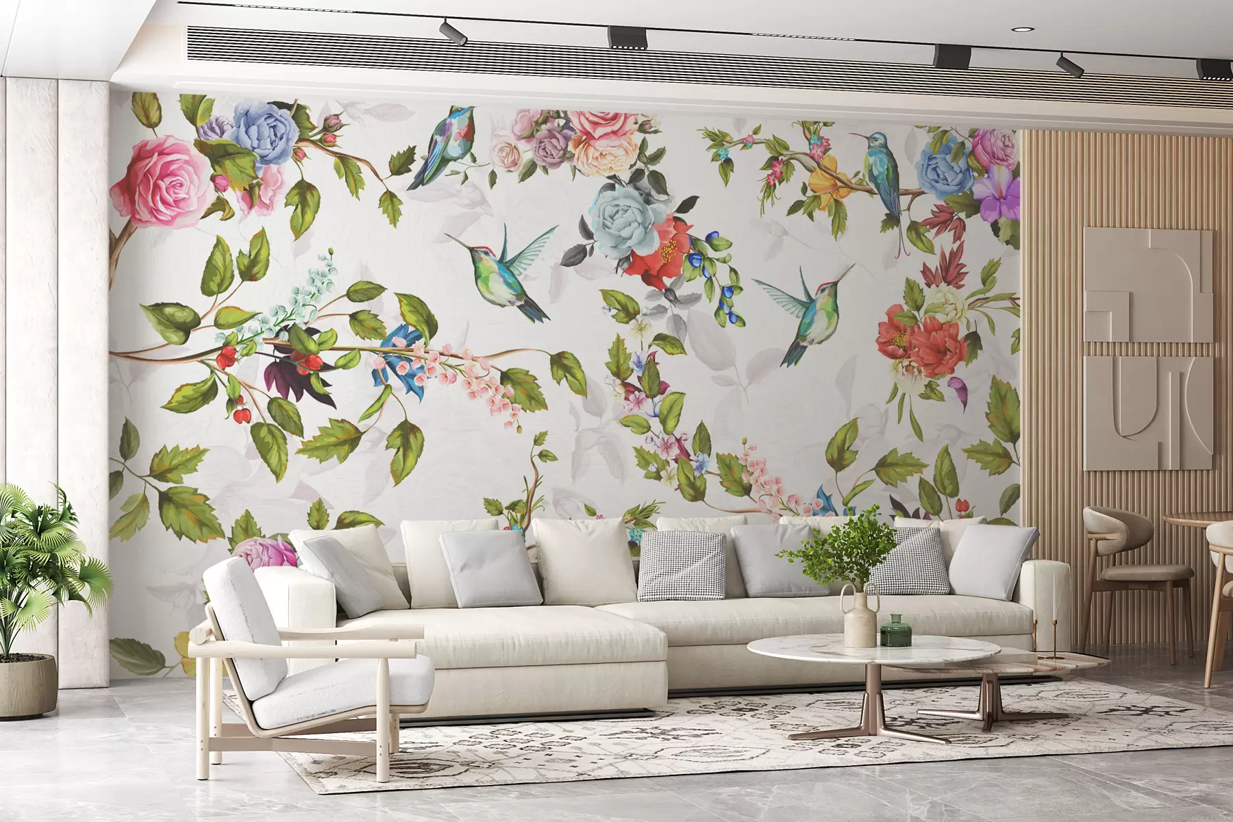 fototapet ramuri cu flori strălucitoare și păsări w01083