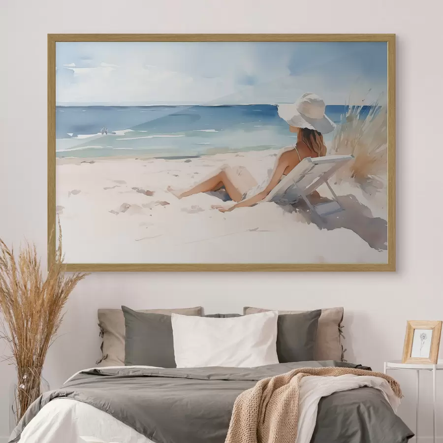 fototapet Fata relaxare pe plaja de acuarelă mare f40679
