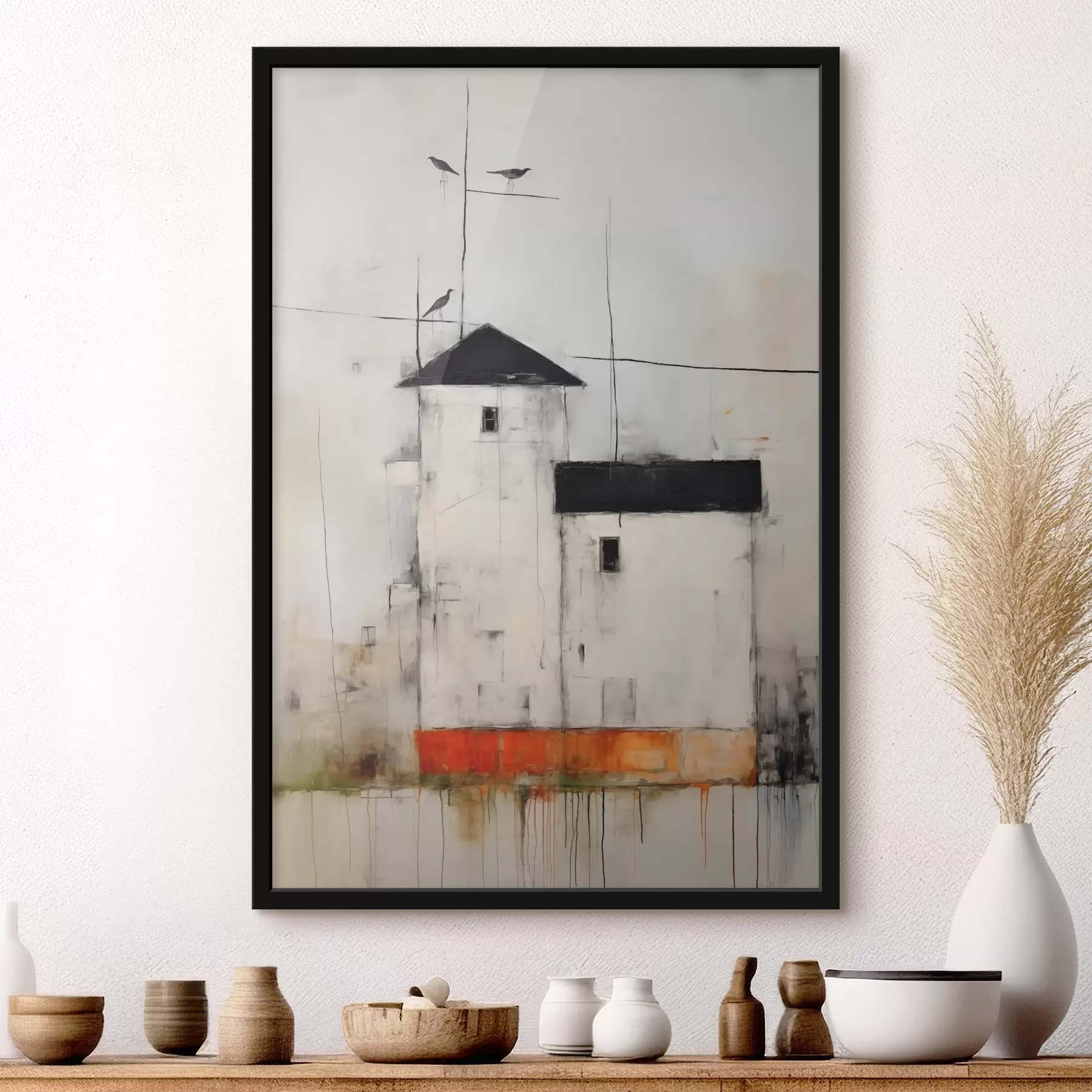 fototapet Case albe cu acoperișuri negre pictate cu textură de zgârieturi și abraziuni de murdărie f40685