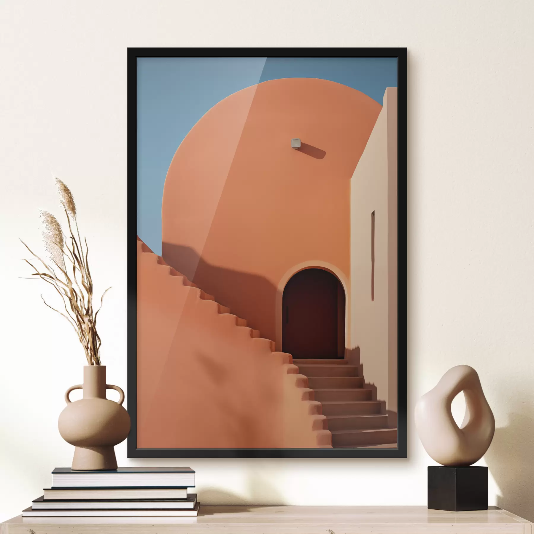 Tablouri Minimalist clădire arhitecturală cu pași, albastru, portocaliu culoare f40724