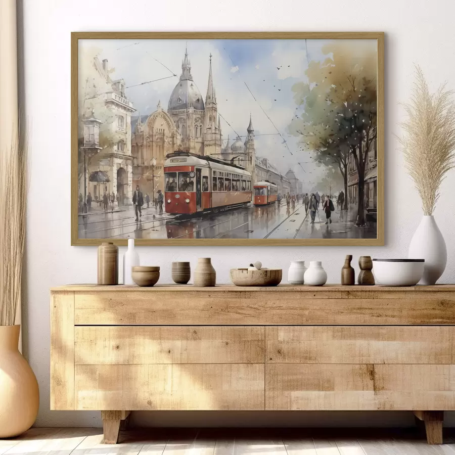 fototapet Tramvai roșu pe strada din Viena acuarelă f40732
