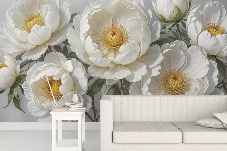 fototapet Tablou alb voluminos de bujori cu centre galbene, înconjurate de frunze verzi pe un fundal deschis w08249