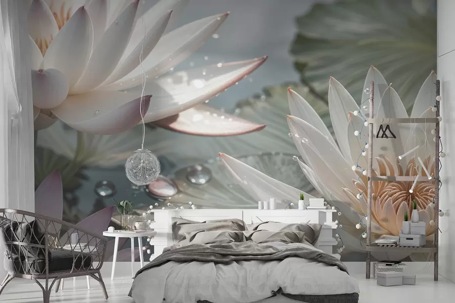 fototapet Un prim-plan de flori de lotus albe cu picături de apă pe petalele lor pe un fundal verde neclar w08252