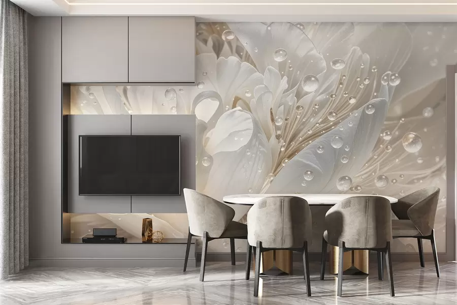 fototapet Un prim-plan al unei flori albe de bujor cu petale delicate și picături de apă w08262