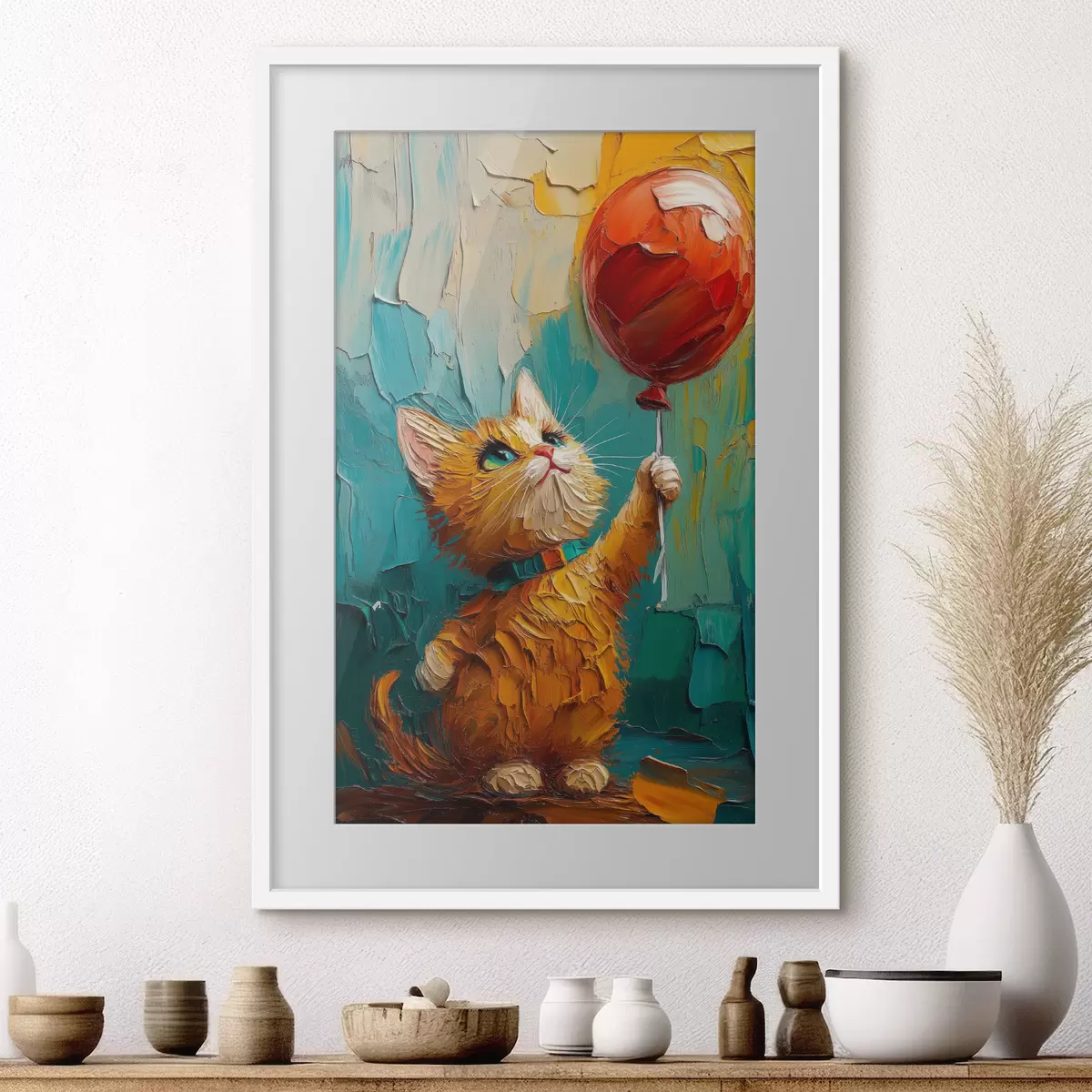 Poster Pisica roșie ține un balon în mâini, imitarea unei picturi în ulei f40649