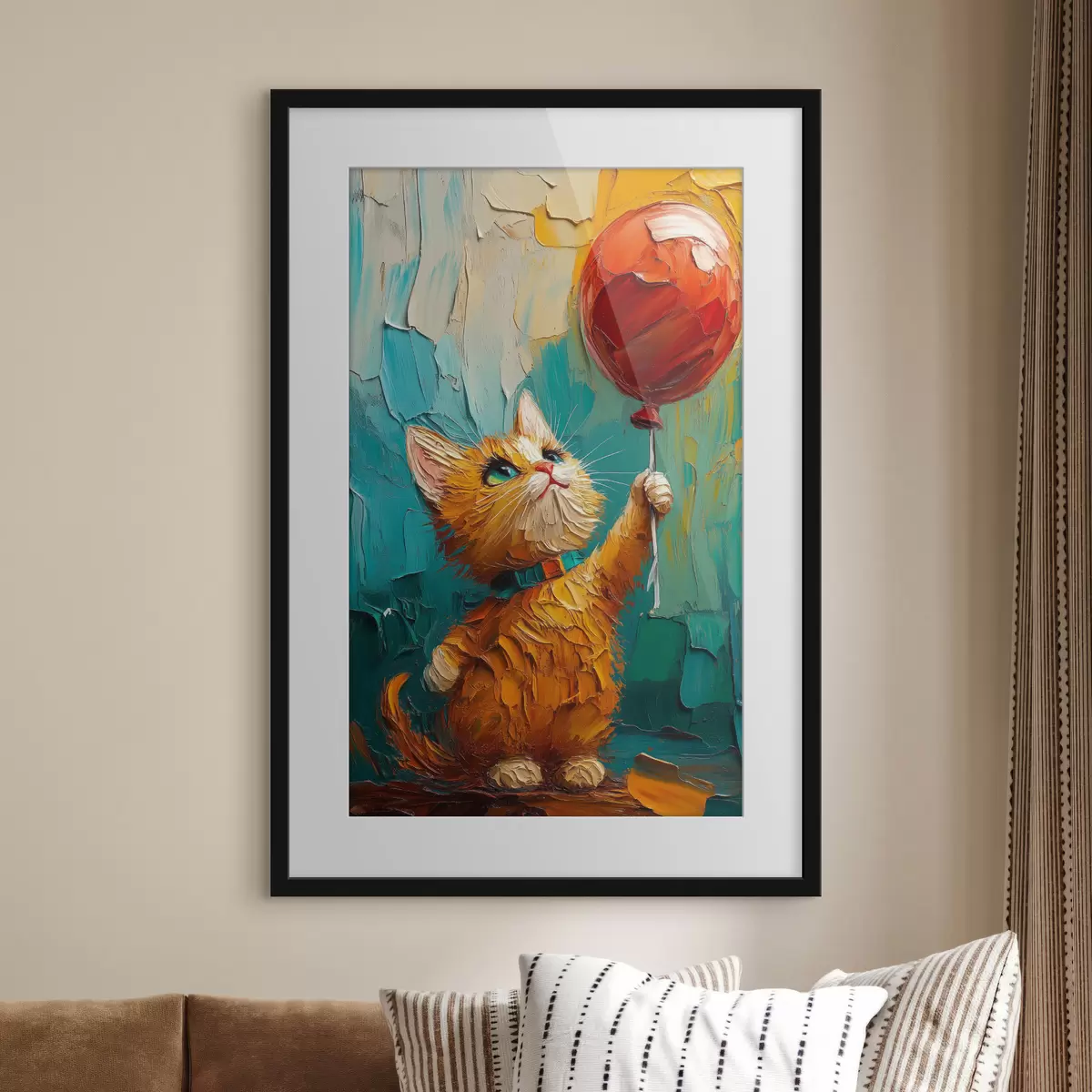 Poster Pisica roșie ține un balon în mâini, imitarea unei picturi în ulei f40649