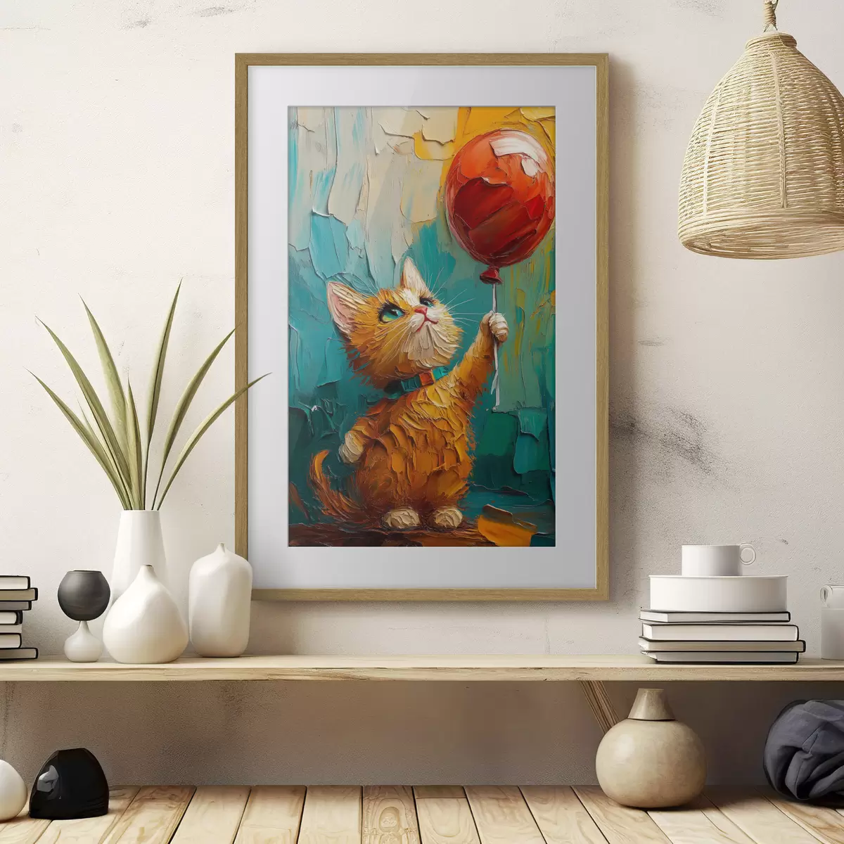 Poster Pisica roșie ține un balon în mâini, imitarea unei picturi în ulei f40649