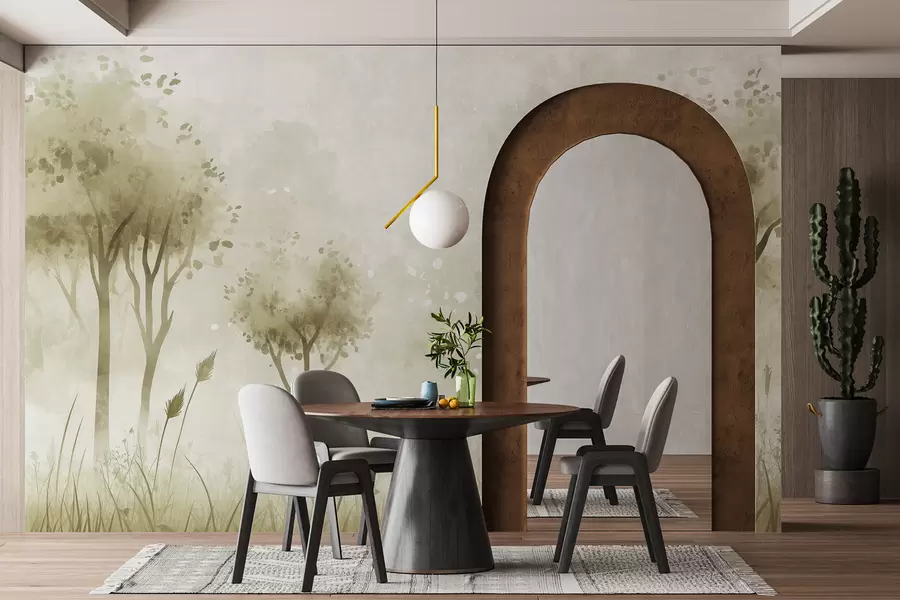 fototapet Pădure acuarelă cu iarbă și copaci, culoare verde w01546v1