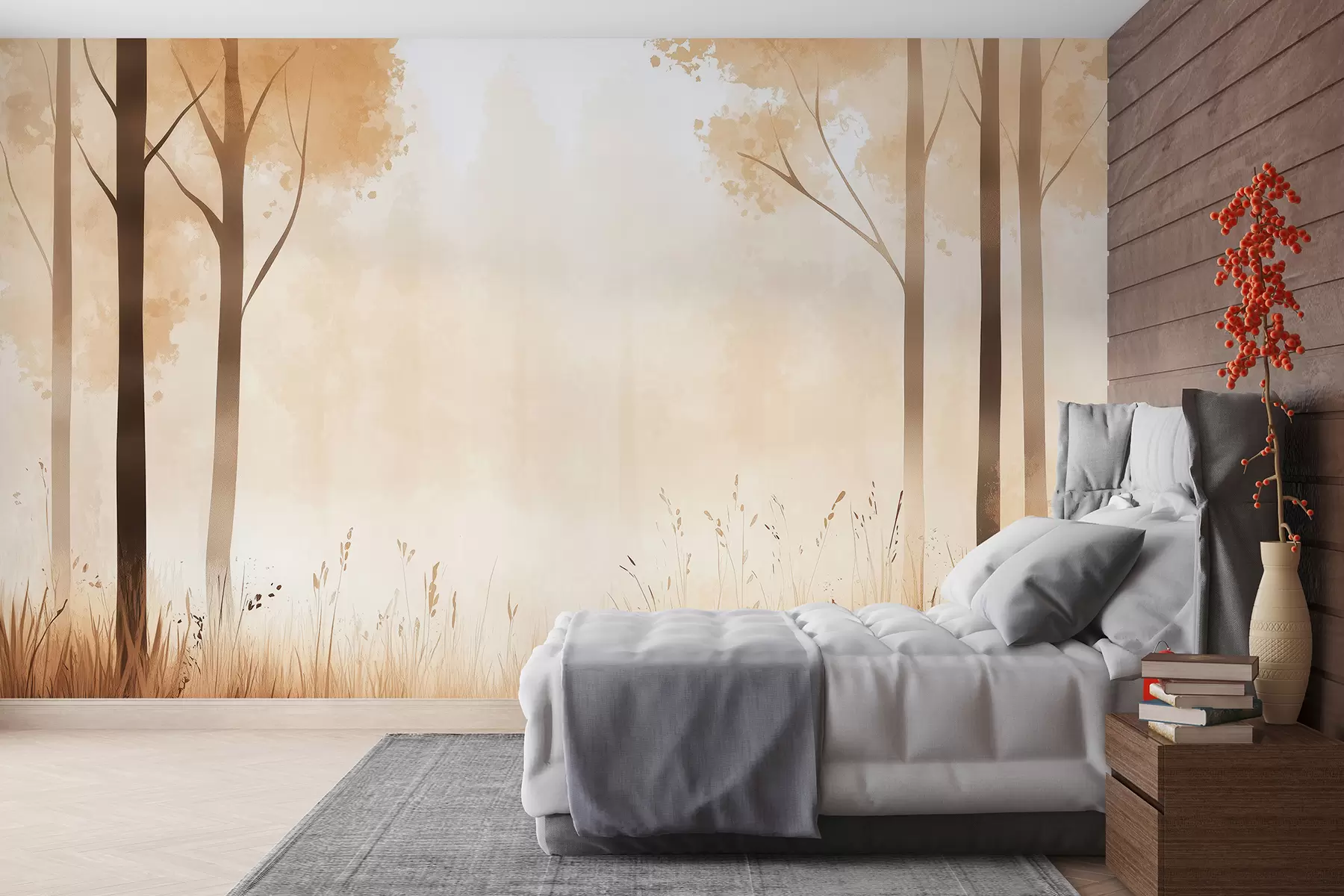 fototapet Pădure acuarelă, ceață, copaci, iarbă, peisaj natural, culoare bej w01563