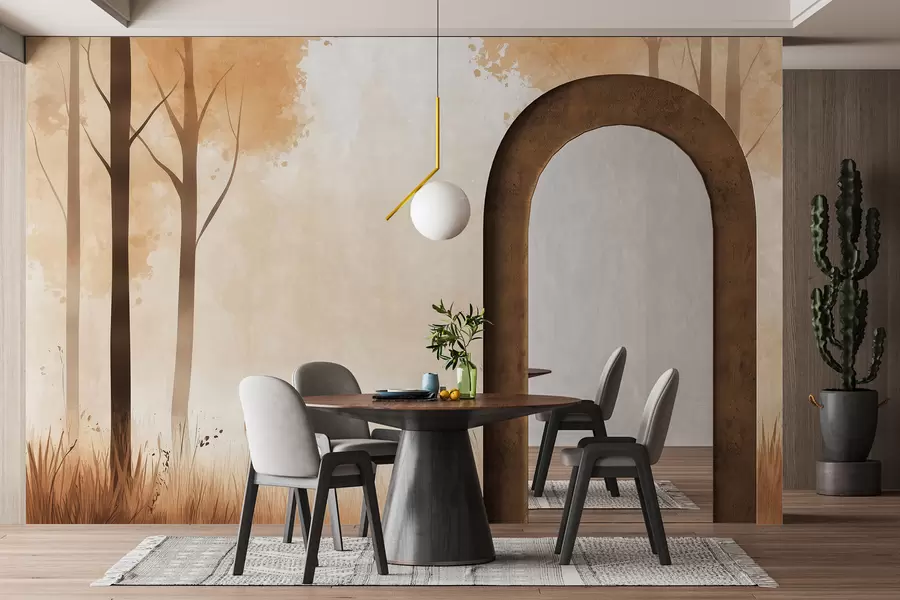 fototapet Pădure acuarelă, ceață, copaci, iarbă, peisaj natural, culoare bej w01563