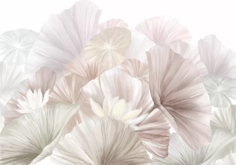 fototapet Frunze delicate de lotus roz cu flori albe cu petale moi, cu pene, aranjate într-o compoziție artistică naturală w08265v1