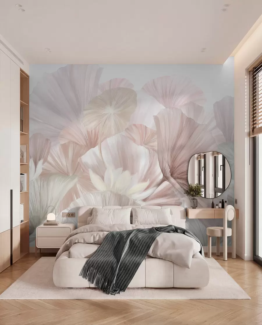 fototapet Frunze delicate de lotus roz cu flori albe cu petale moi, cu pene, aranjate într-o compoziție artistică naturală w08265v1