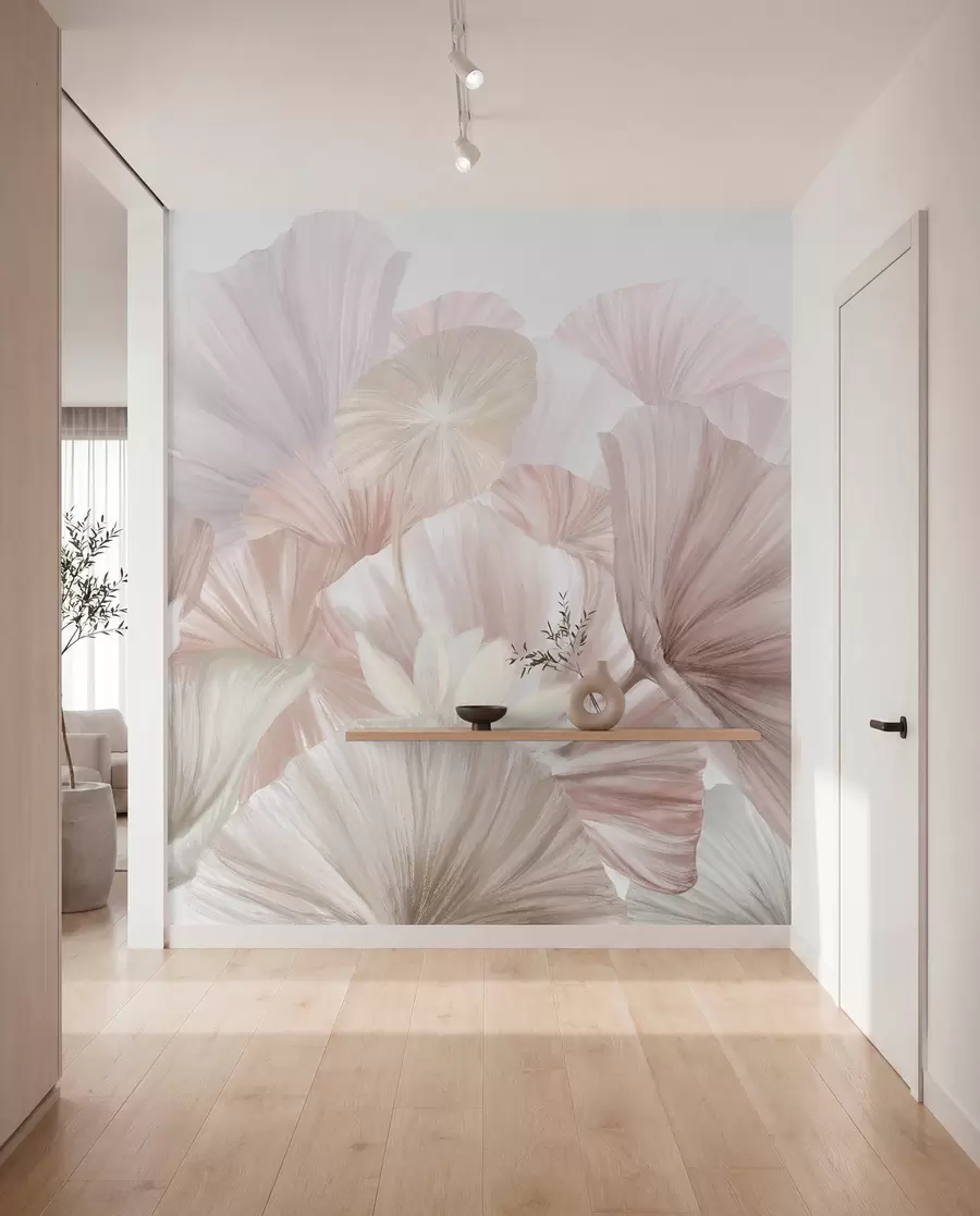fototapet Frunze delicate de lotus roz cu flori albe cu petale moi, cu pene, aranjate într-o compoziție artistică naturală w08265v1