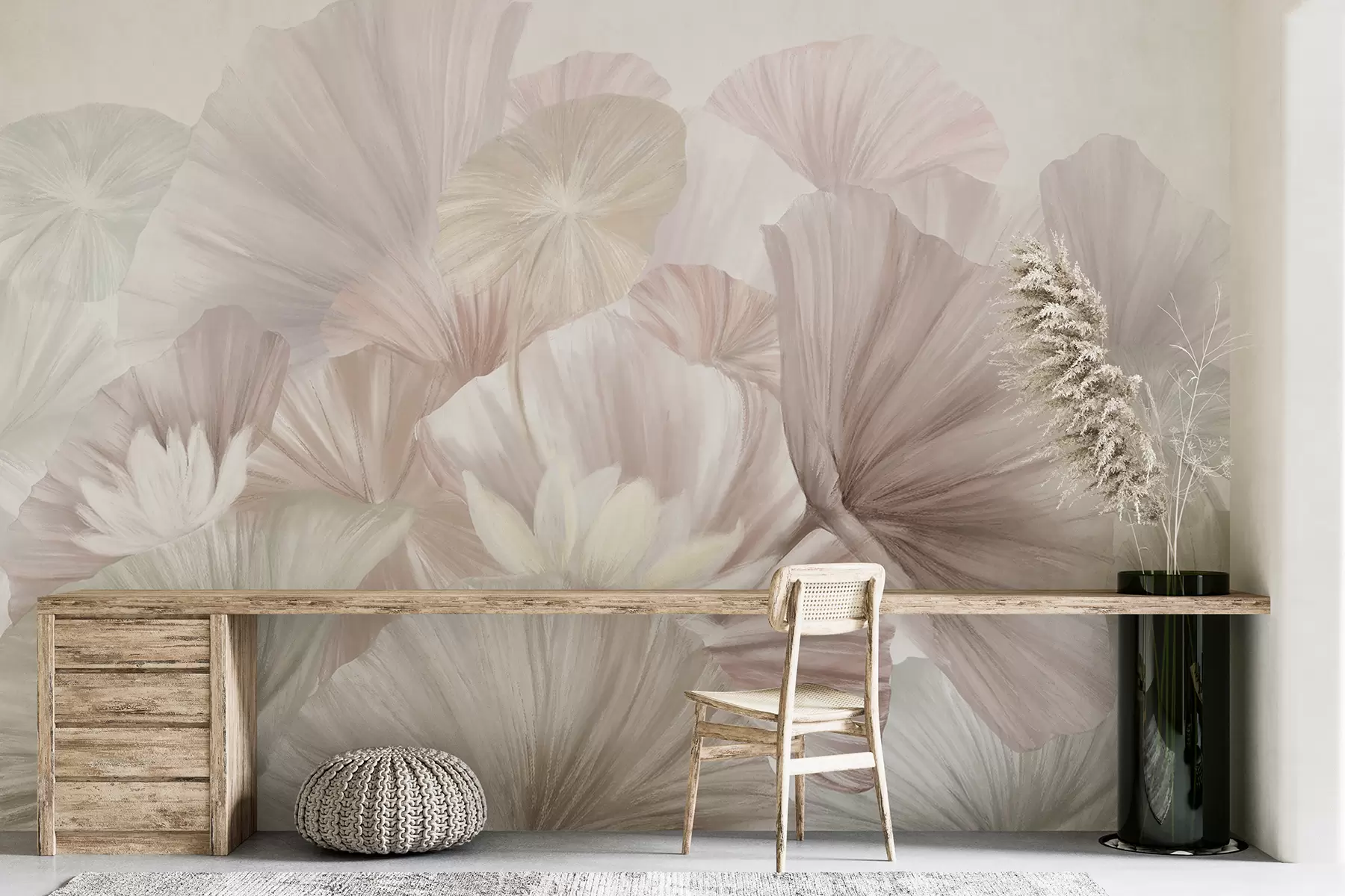 fototapet Frunze delicate de lotus roz cu flori albe cu petale moi, cu pene, aranjate într-o compoziție artistică naturală w08265v1