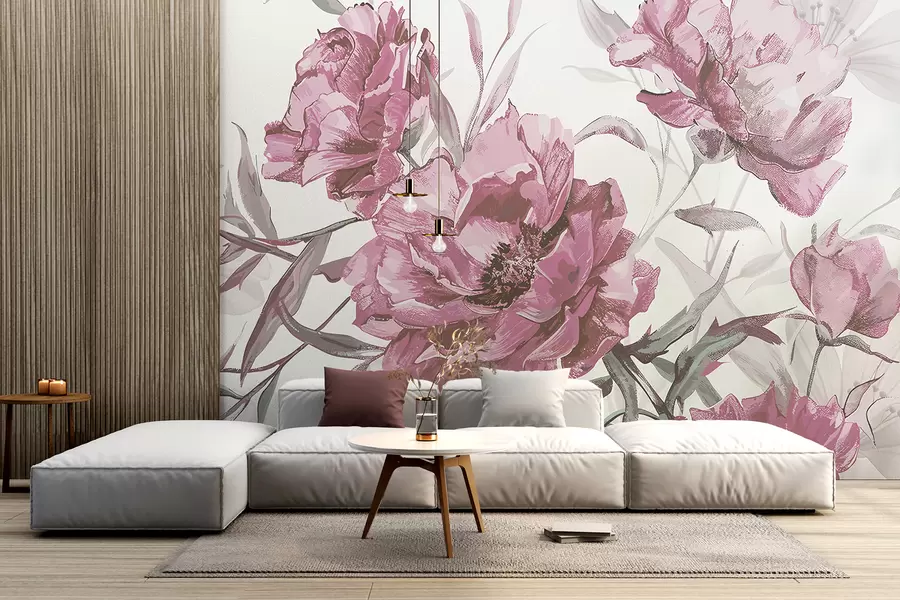 fototapet Peonii roz pictura cu frunze luxuriante pe un fundal abstract lumina  w08274