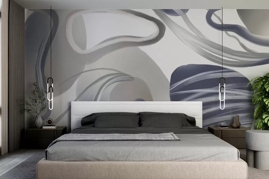 fototapet Forme și curbe abstracte în nuanțe de albastru închis care creează o compoziție dinamică și fluidă w08279v1