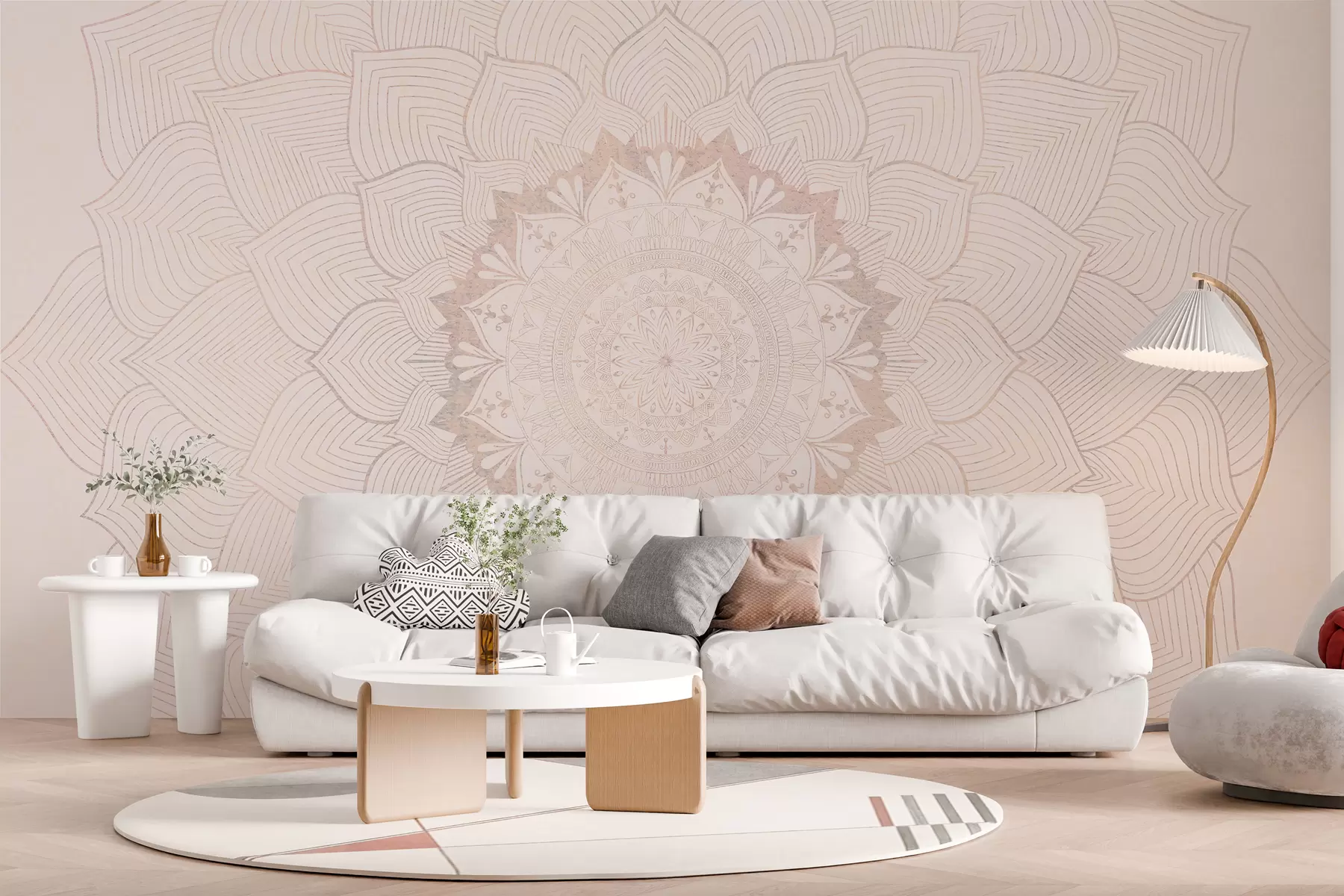 fototapet Mandala rotundă, tapet pentru spațiul de yoga sau pentru a armoniza spațiul personal. Mandala de perete în culori pastelate calde pe un fundal neregulat texturat w01088