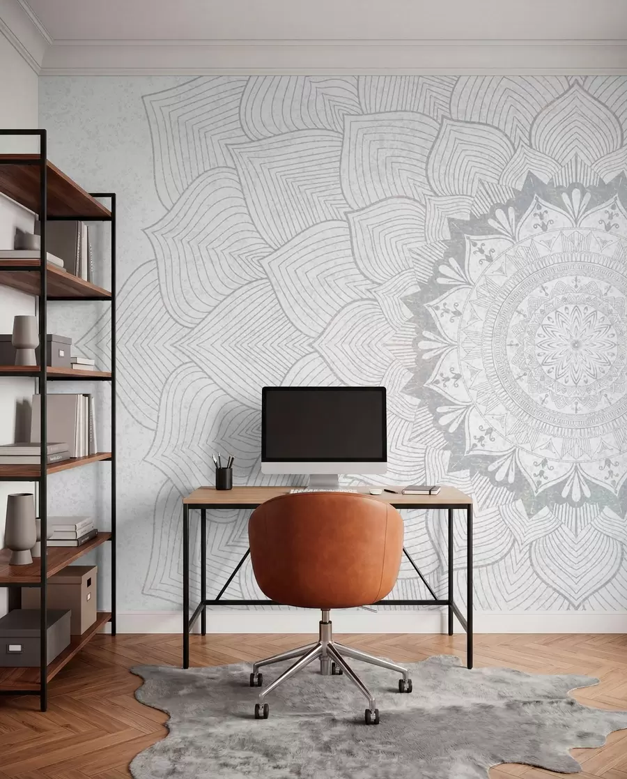 fototapet Mandala rotundă, tapet pentru spațiul de yoga sau pentru a armoniza spațiul personal. Mandala de perete în nuanțe de gri pe un fundal eterogen texturat w01088v2