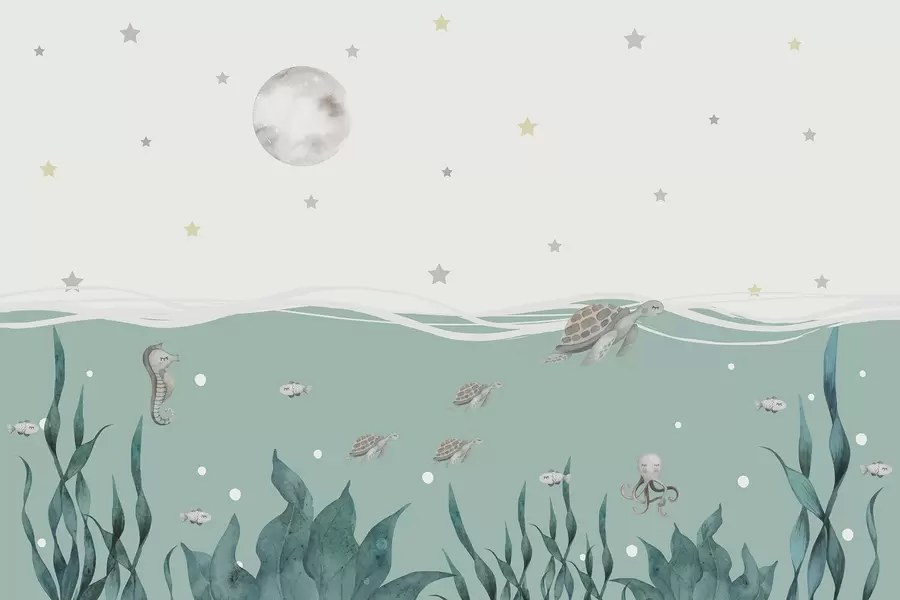 fototapet Motiv marin cu țestoase, căluț de mare, pește și lună plină w01521