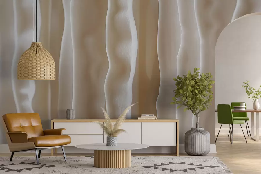 fototapet Scenă abstractă realizată din material organic, dungi verticale 3D sculptate în culoarea bej w01541