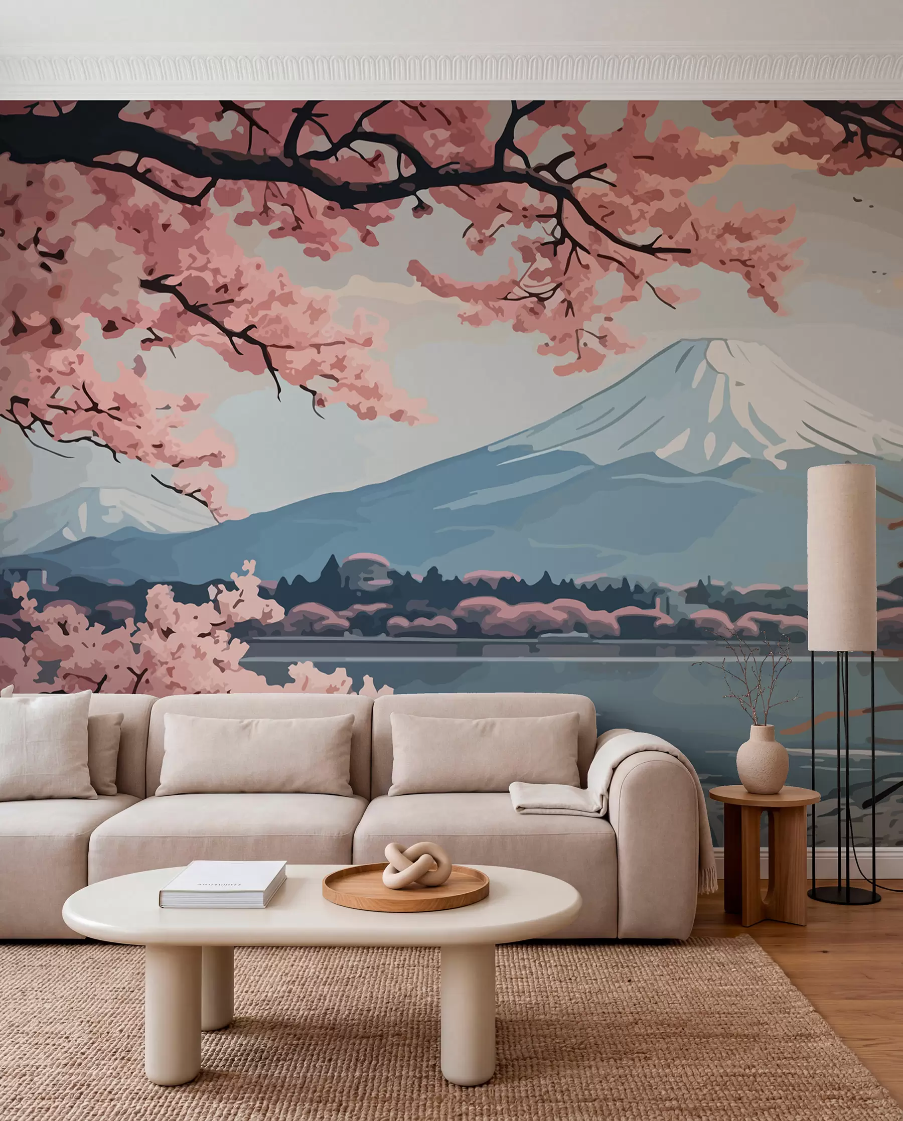 fototapet Sakura, munți, acuarelă w01664