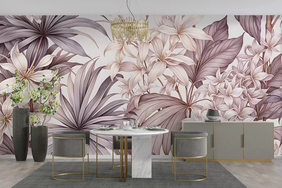 fototapet Un imprimeu floral tropical cu flori mari albe și roz deschis, frunze bordo și un fundal neutru w08318v1