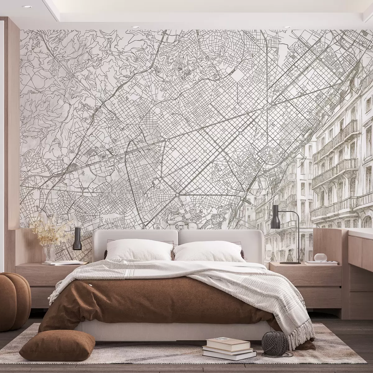 fototapet Barcelona harta orașului, linie de desen, arhitectura, Spania, culori bej w01695