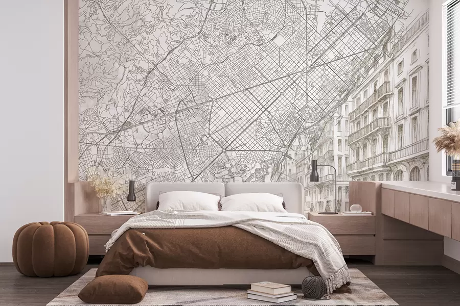 fototapet Barcelona harta orașului, linie de desen, arhitectura, Spania, culori bej w01695