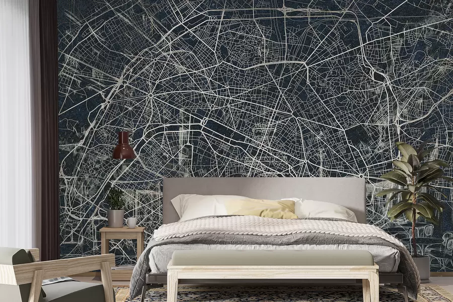 fototapet Harta orașului Paris, desen liniar, arhitectură, Franța, culori închise w01697v1