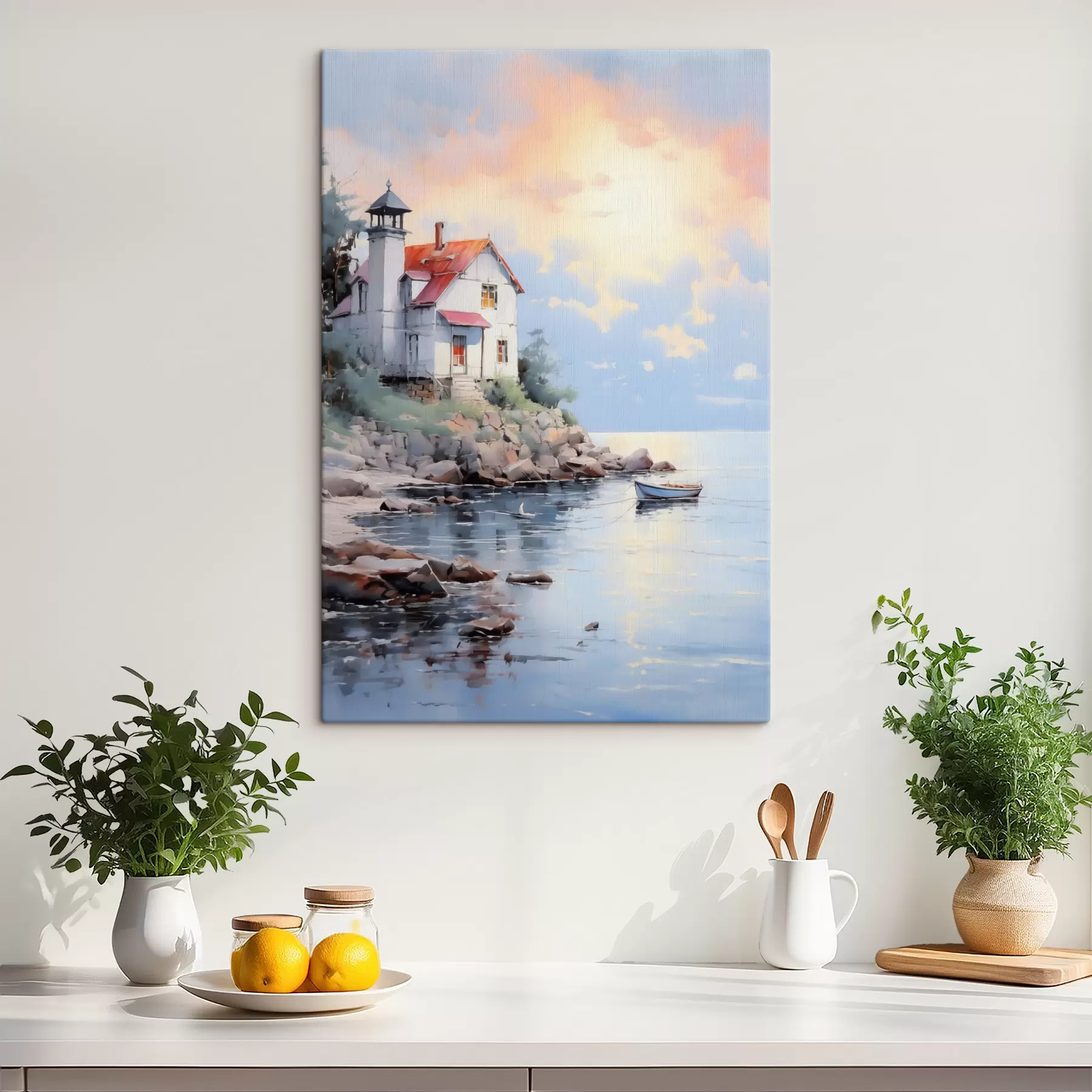 Tablouri Casă pe plajă lângă mare la apus de soare s41010