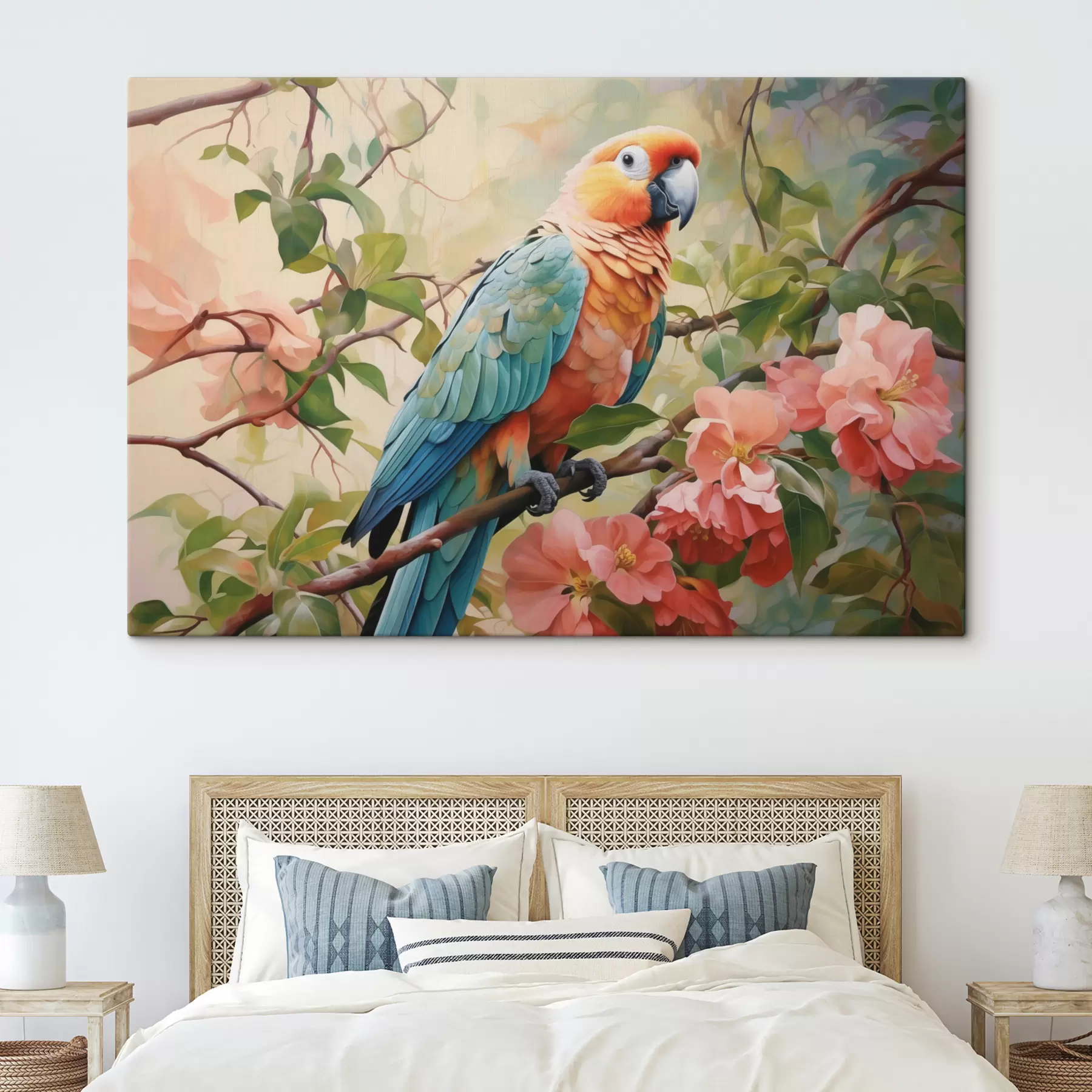 fototapet Papagal Macaw stând pe o ramură cu flori roz s41018