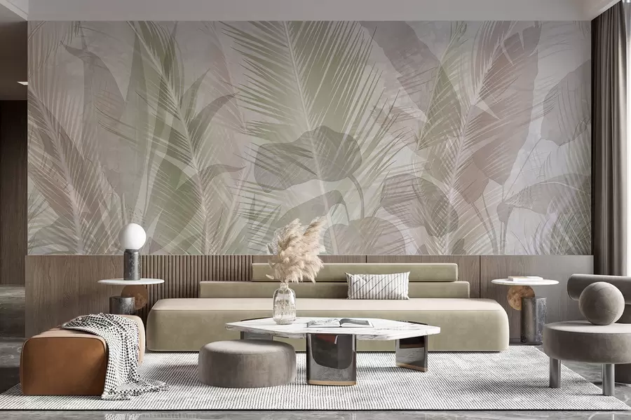 fototapet Frunze de palmier tropical în culori pastelate moi, cu un fundal cu textură neclară și încețoșată w08326