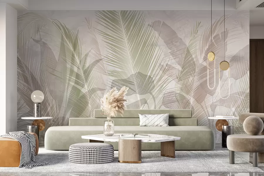 fototapet Frunze de palmier tropical în culori pastelate moi, cu un fundal cu textură neclară și încețoșată w08326