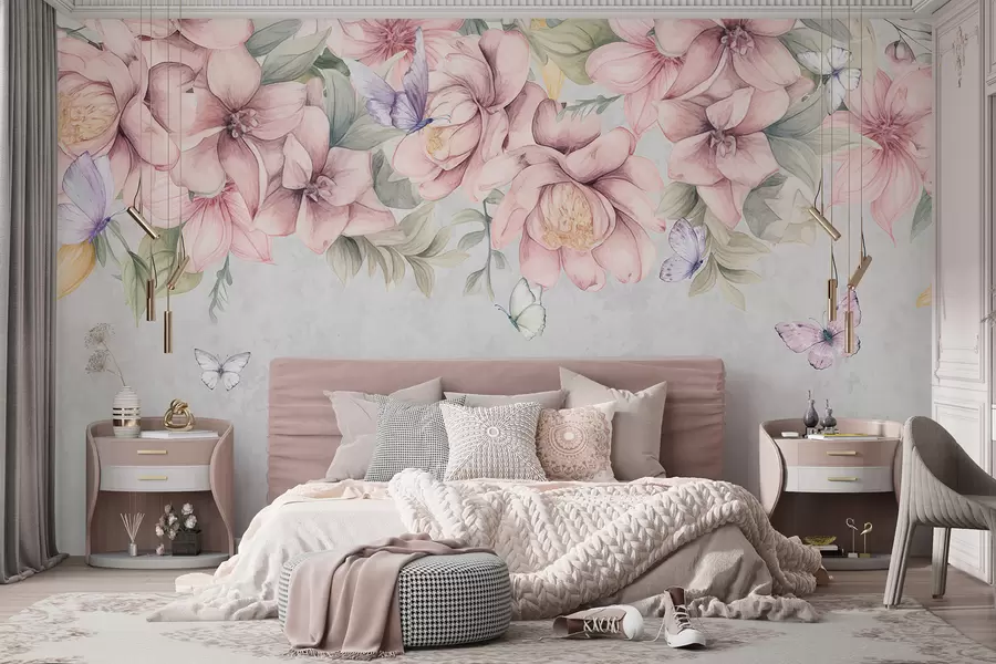 fototapet Flori moi roz și albe cu flori delicate și frunze pe fundal gri texturat w08331