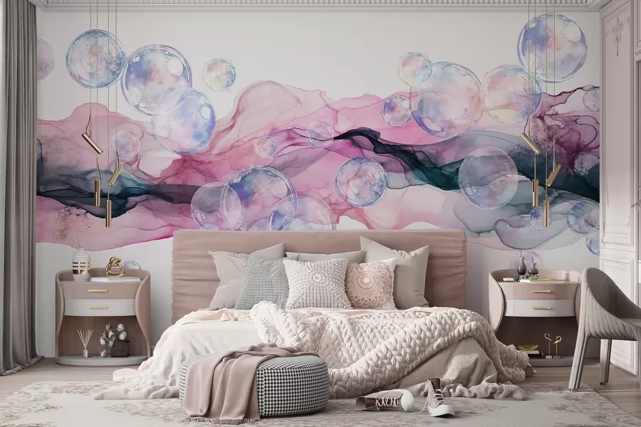 fototapet Forme fluide abstracte colorate cu bule, vârtejuri de nuanțe roz, albastru și violet pe un fundal alb w08337
