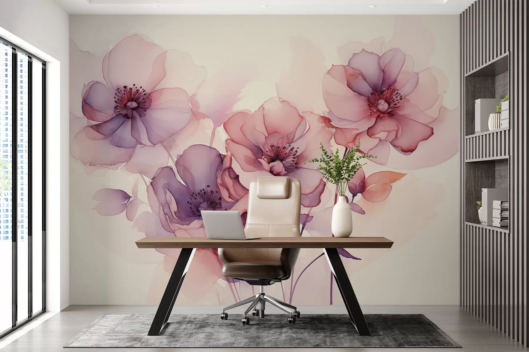 fototapet Acuarelă umedă flori translucide, culoare roz violet w01776