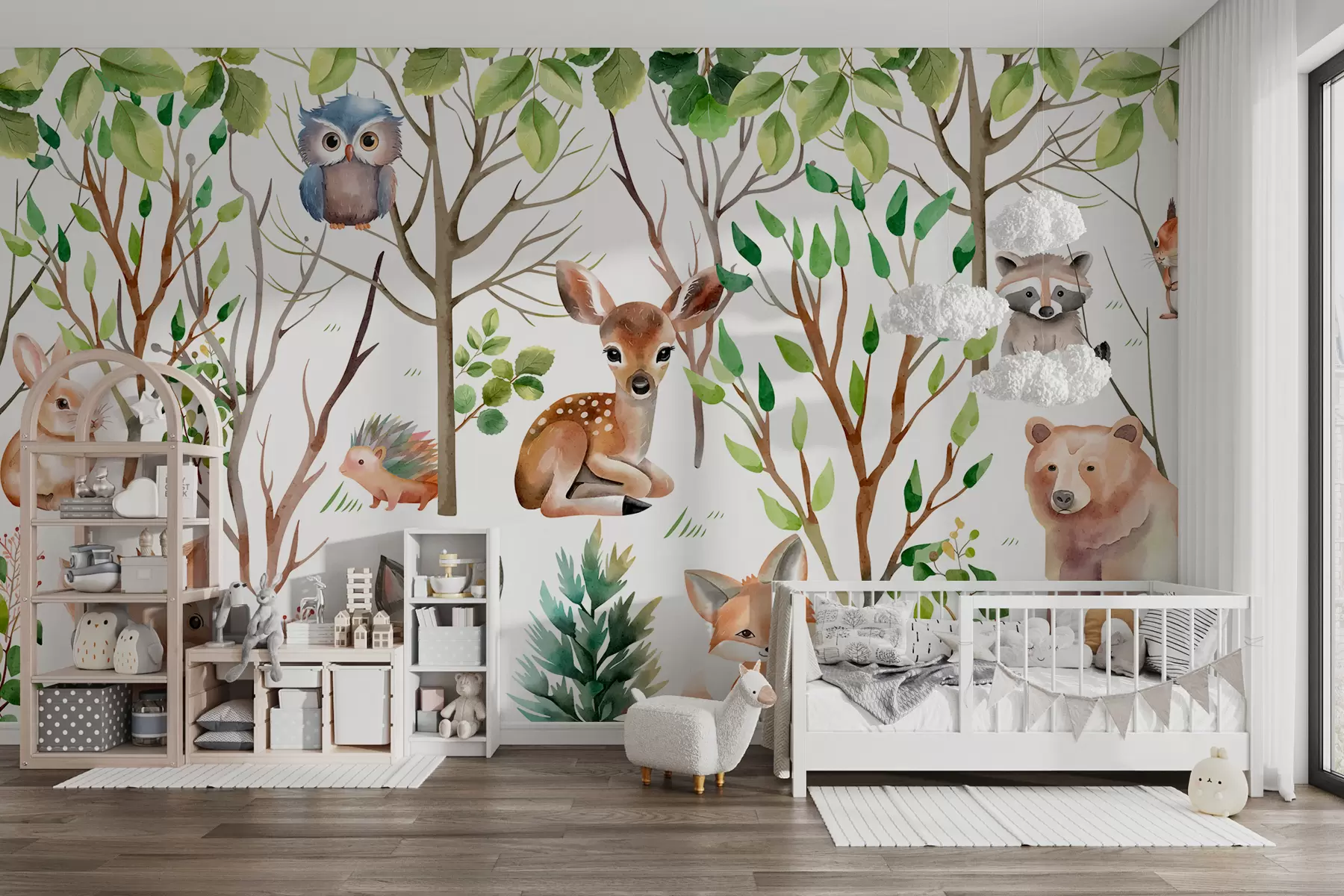 fototapet Tapet pentru copii animale din pădure. Tapet colorat pe un fundal alb w01127
