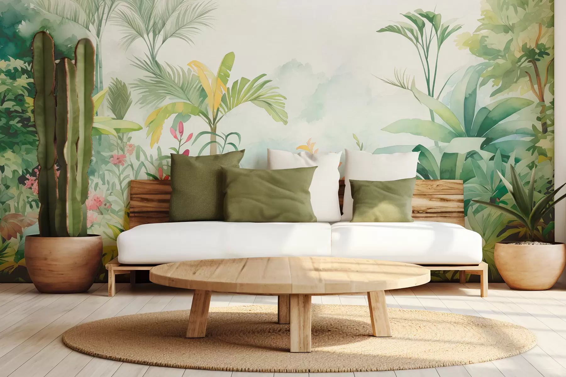 fototapet Jungla pădure, acuarelă, palmieri, florale, culori moi w01785