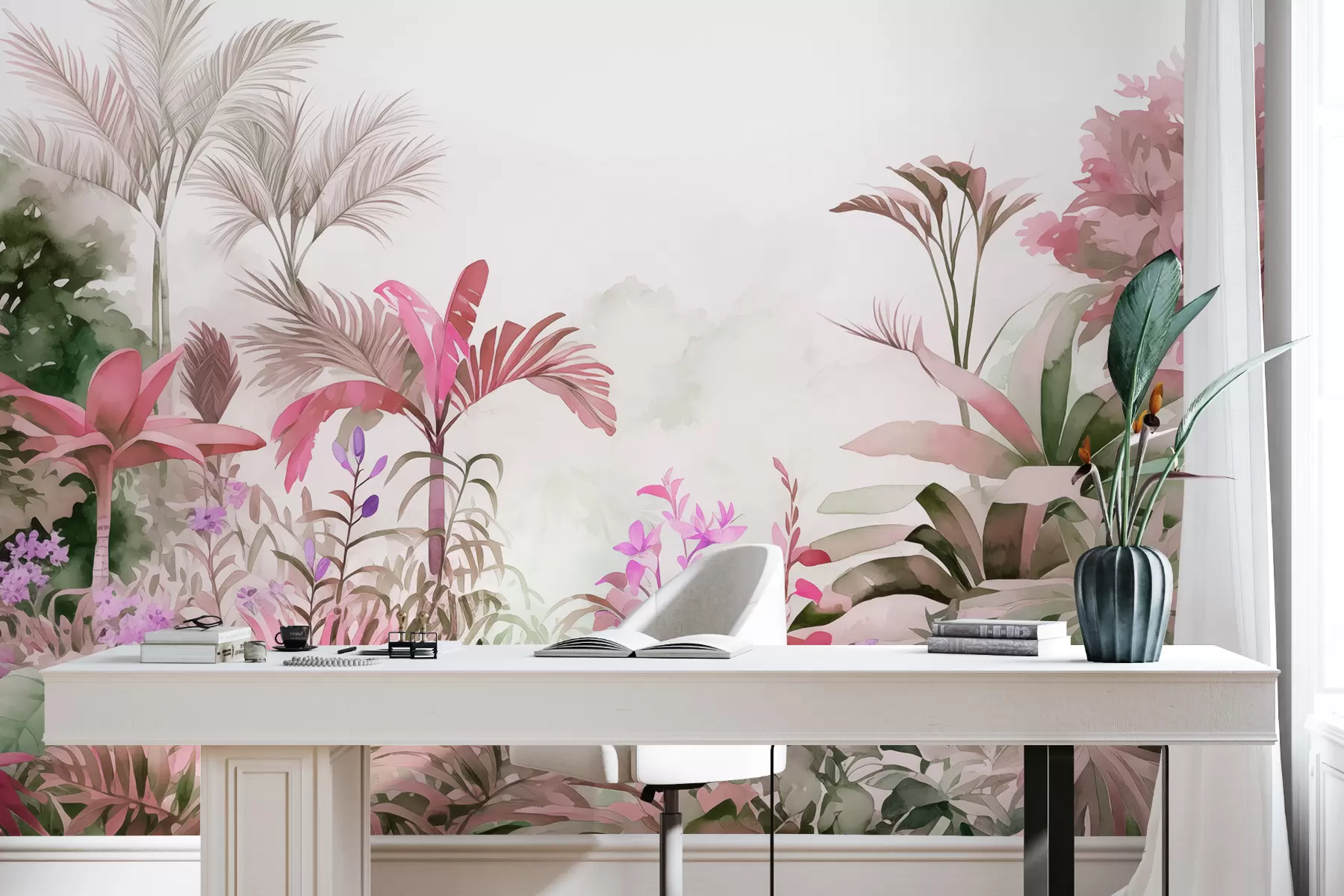 fototapet Jungla pădure, acuarelă, palmieri, florale, culori roz w01785v1