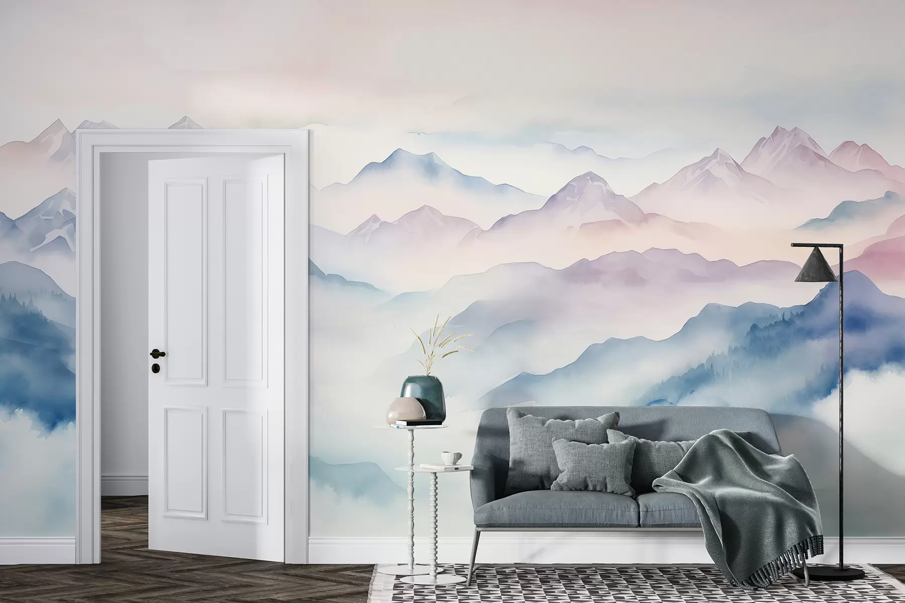 fototapet Ethereal munți peisaj, nori, acuarelă w01791