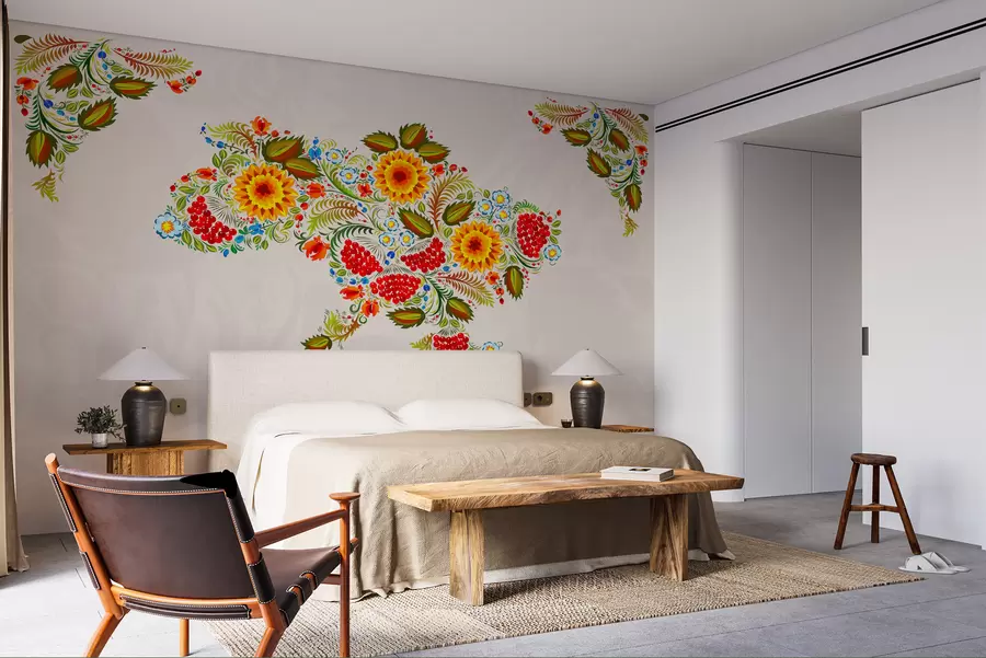 fototapet Harta Ucrainei în stilul picturii Petrikov pe un fundal bej deschis w01149