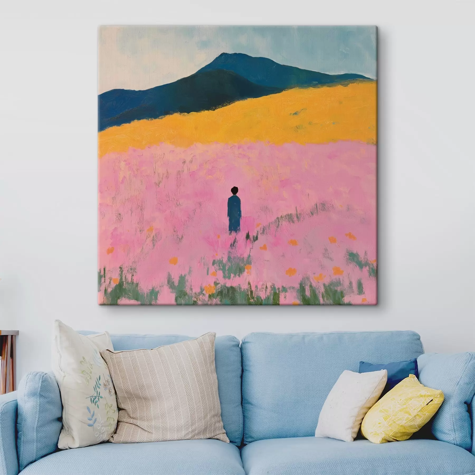 Tablouri Un bărbat pe un câmp cu flori roz s41164