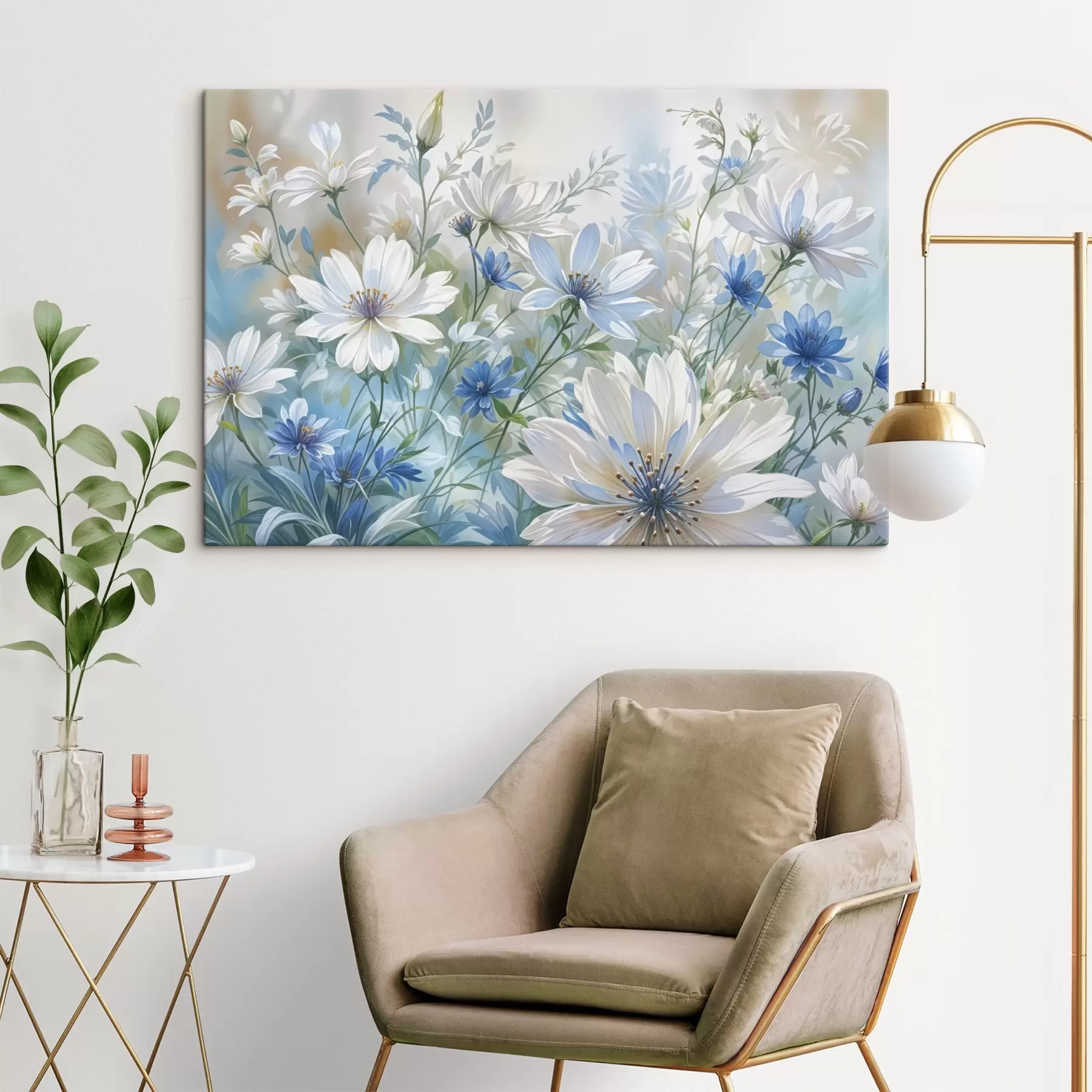 fototapet Un câmp de flori albe și albastre, asemănătoare margaretelor, cu frunze și tulpini verzi, pe un fundal blând, neclar s41086